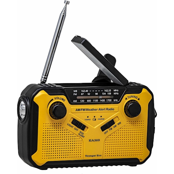 Voyager ECO Nödradio KA369 AM/FM NOAA Väderlarm 5-vägs Drivs Solvev Radiomottagare med LED-ficklampa och USB Mobiltelefonladdare