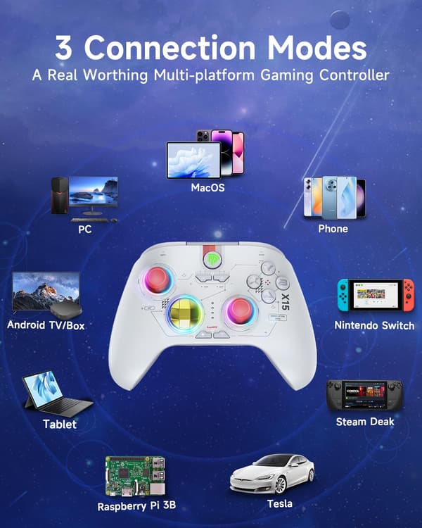 X15 PC-controller - Forbedret trådløs Bluetooth-controller med Hall-joysticks/Hall-aftræk/RGB-belysning - Ingen stickdrift, ingen dødzone - Fungerer til W white