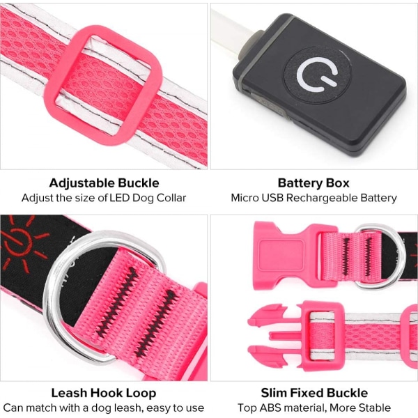 LED-hundhalsband, USB uppladdningsbara belysningslampor för hundhalsband, Pink L