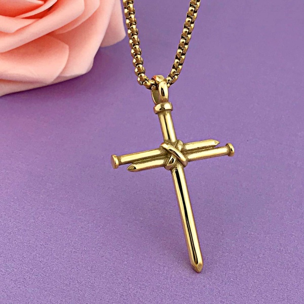 Korshänge för män Korshänge STYRKA Bibelvers Halsband i rostfritt stål Nail Gold Cross