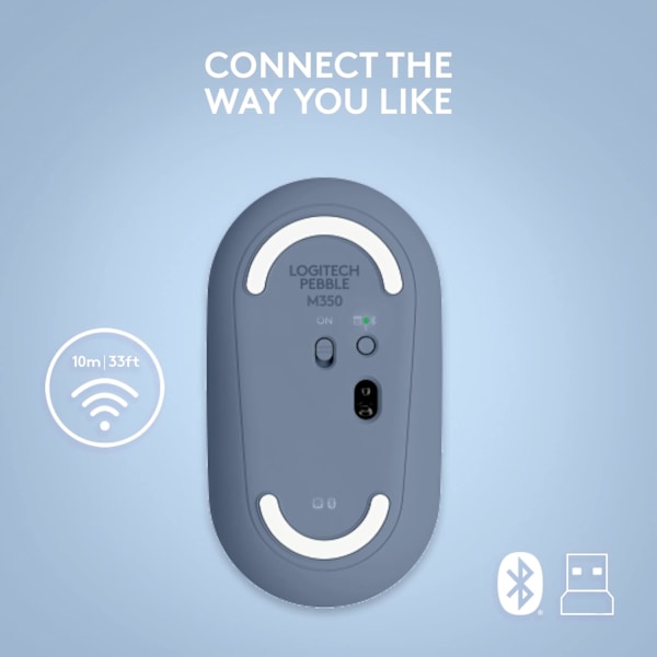 Logitech M350 Pebble trådløs mus med Bluetooth eller 2,4 GHz-modtager, lydløs, slank computermus med stille klik Blue