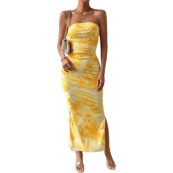 Sommerkjole til kvinder med print, stropløs tube top kjole, bodycon maxikjole med sideslids og lag af mesh M