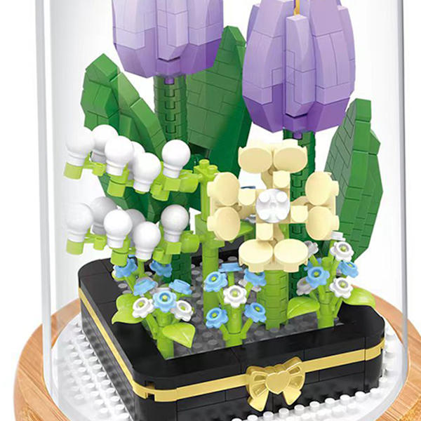 Växtbyggstenar Miniatyr DIY Byggstenar Bukett Krukväxter Prydnader Dekoration Leksaker med Skyddande Överdrag Tulip