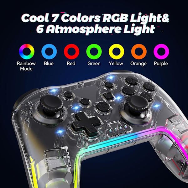 Trådlös Switch Pro-kontroller för Nintendo Switch-kontroller/Lite/OLED/Windows/iOS/Android, 7-färgad justerbar RGB-belysning Switch Remote Gamepad med