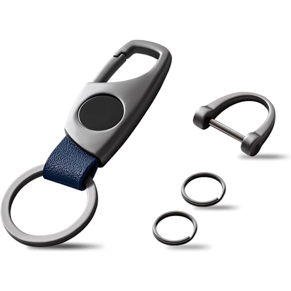 Karabinhage nøglering, nøgleringe til bilnøgle med 2 nøgleringe og anti-tabt D-ring, multifunktionelle nøgleringe til mænd og kvinder - Grå (Blå læder) Grey Blue Leather