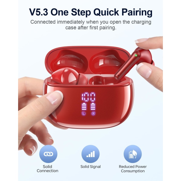 Langattomat nappikuulokkeet Bluetooth-kuulokkeet, 40 tunnin toistoaika Stereo IPX5 vedenpitävät nappikuulokkeet, LED-virranäyttö Langattomat nappikuulokkeet mikrofonilla Red