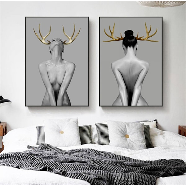 Elk Girl Väggkonst Canvas Tryck Affisch, Enkla Mode Svartvita Tecken