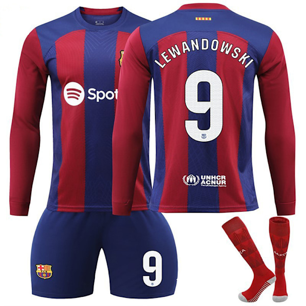 Barcelona Hemmamatchtröja med långa ärmar för barn - säsong 23-24 No.9 Lewandowski 22