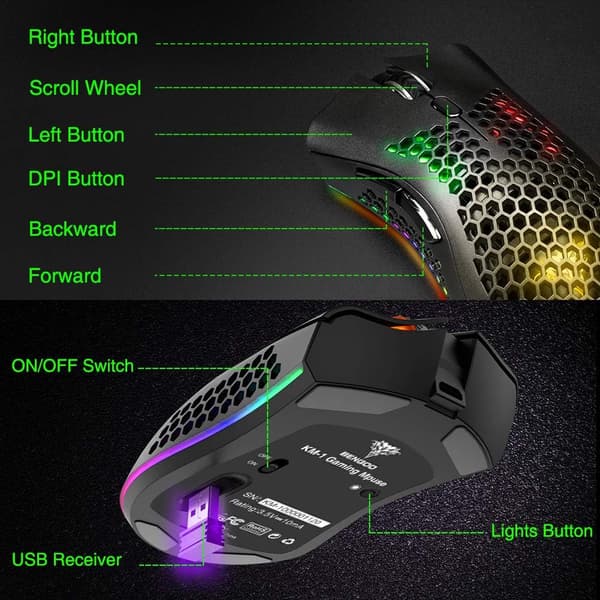 Trådløs Gaming Mus, Datamus med Honeycomb Shell,