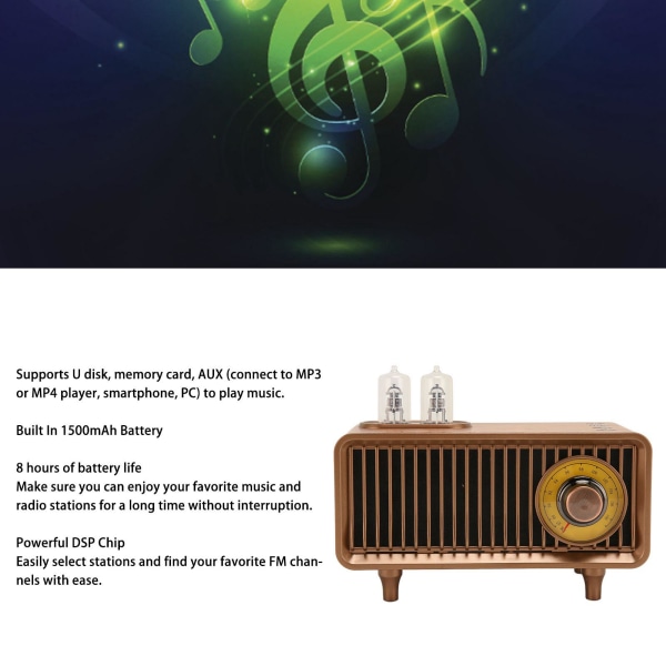 Mini FM-stereoradio i tre med vintage-imitasjon av treverk, bærbar Bluetooth-høyttaler
