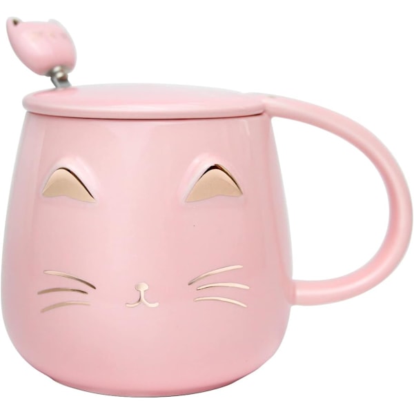 Katt Krus Søt Kaffekrus gave til katteelskere Keramisk Kopp, Nyhet Krus med Lokk og Rustfritt Stål Skje, Jule Bursdagsgaver P Pink