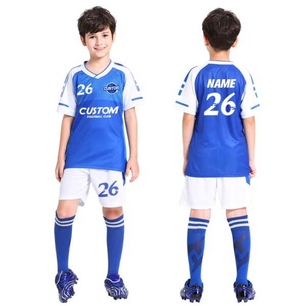 Fotbollströja Barn Personlig Fotbollströja Set Custom Polyester Fotbollsuniform Andas träningsfotbollsuniform för pojke,S103 Royal Blue,2XS