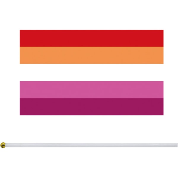 Regnbågshand som viftar med flagga Randig regnbågsflagga håller en liten miniflaggbanner, paket med 50 (2019 lesbisk)