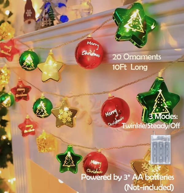 3 meter 20 LED julelyskæde, stjerne- og kugleformet, batteridrevet Stars, spheres