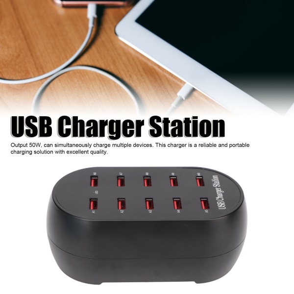 USB-opladningsstation 10 porte lille skrivebord USB hurtigopladningshub til hotel hjem rejse 100V til 240V stik EU-stik