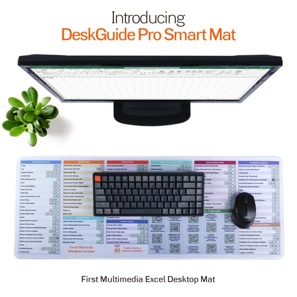 Excel Reference Måtte med 100+ Interaktive Video Tutorials & Essentielle Genveje, Stor Kontortastaturmåtte, Gråt Design.