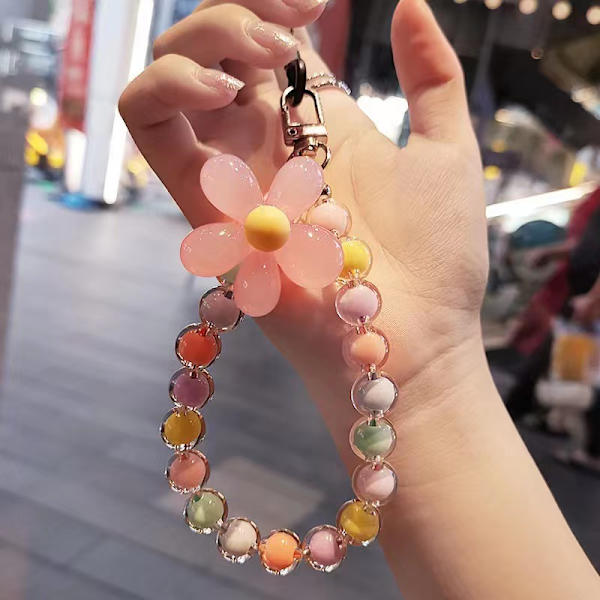 Mobiltelefon Rem Hängsmycke Blommig Armband Kreativ Hängande Rep Nyckelring Mobiltelefon Lanyard Pärlblommig Anti-Lost Telefonfodral Lanyard Orange Flower