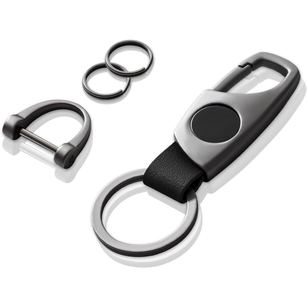 Karabinhage nøglering, nøgleringe til bilnøgle med 2 nøgleringe og anti-tabt D-ring, multifunktionelle lædernøgleringe til mænd og kvinder – grå (sort læder) Grey Black Leather