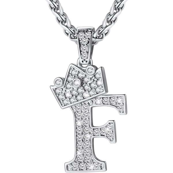 Krona Initial A-Z Halsband, Iced Out Letter Hänge med 22-24 Tums Kedja, Män Kvinnor Bling Hip Hop Alfabet Namn Smycken Present Stora Initialer Halsband F Silver