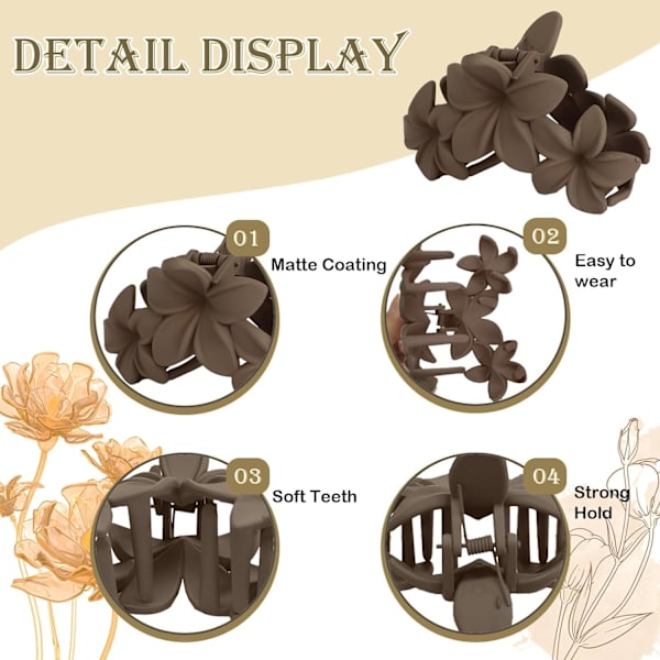 4PCS Blomsterhårklemmer, Matte Klohårklemmer til Kvinder, Blomsterklemmer til Tykt Tyndt Hår, Store Blomsterhårkloklemmer til Kvinder Flower Style 3