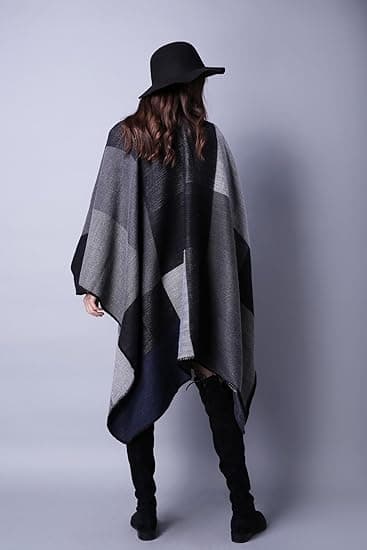 Werwing Dame Farveblok Sjal Wrap Åben Front Poncho Cape Oversized Afslappet Efterår Vinter Sweater Cardigan, Sort Black