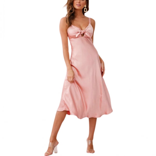 Spaghetti Stropper Lynlås Bånd Tie Bryst Cocktail Midi Kjole(Pink M)