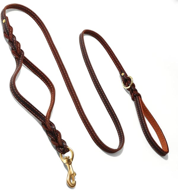 Premium Dubbelhandtag Läder Hundkoppel 5,9ft, Flätad Tung D