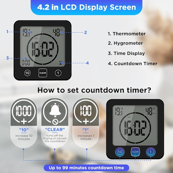 Duschklocka Vattentät, Digital Klocka Timer Klocka med Alarm, Badrumsklocka med Sugkopp, Temperatur Fuktighetsdisplay, 3 Monteringsmetoder Black