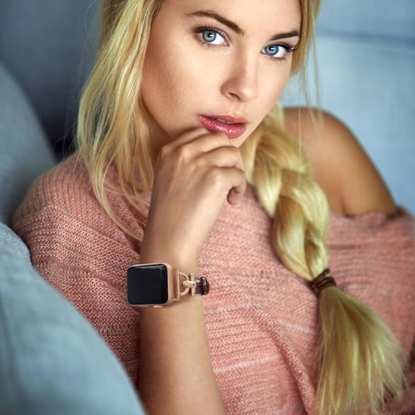 Nahkaranneke yhteensopiva Apple Watch -rannekkeiden kanssa naisille, tyylikäs hieno ranneke iWatch Series 10/9/8/7/6/5/4:lle (38mm 40mm 41mm 42mm se Dark Brown/Rose Gold 42/44/45/46/49mm