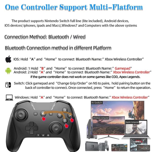 Bluetooth-controller til Switch/PC/Steam/Apple Arcade MFi-spil osv., Switch Pro-controller trådløs med justerbar dobbeltbevægelse, Turbo, Makroer, 6-akset Black
