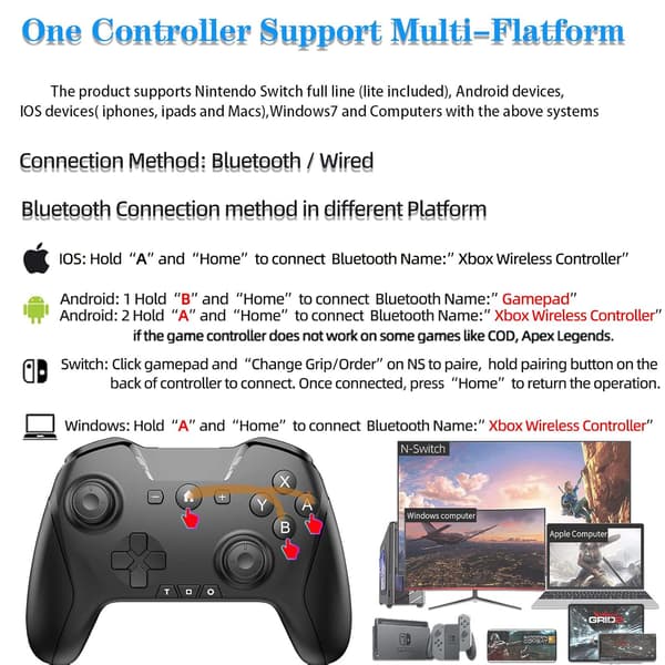 Bluetooth-controller til Switch/PC/Steam/Apple Arcade MFi-spil osv., Switch Pro-controller trådløs med justerbar dobbeltbevægelse, Turbo, Makroer, 6-akset White