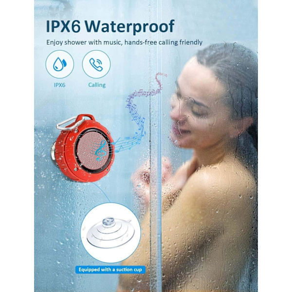 Vattentät Bluetooth-högtalare för utomhusbruk, trådlös bärbar miniduschresehögtalare med subwoofer, förbättrad bas, inbyggd mikrofon Red