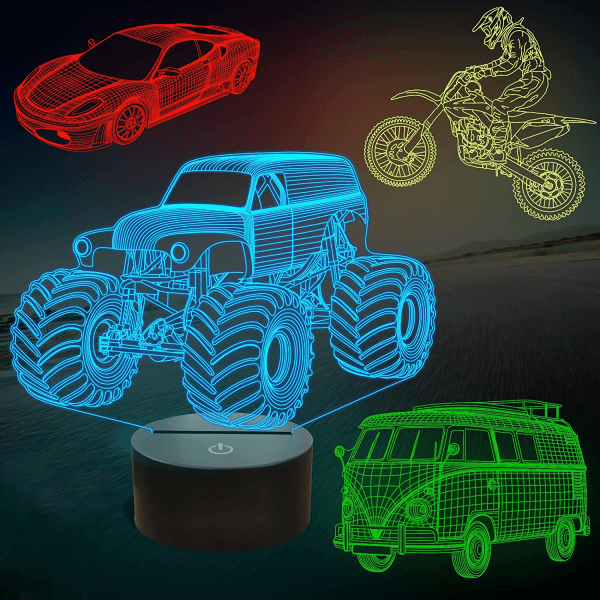 Monster Truck presenter, bil, Dirt Bike 3D nattlampa för barn