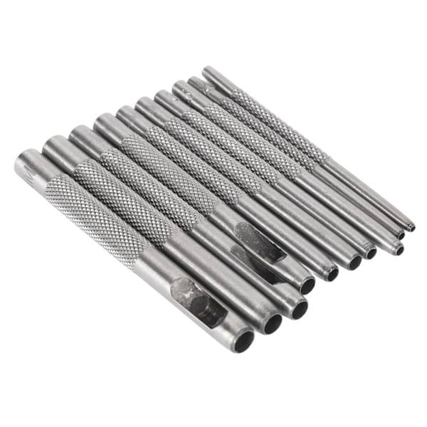 10 stk. Stål hule skinn stanse sett Heavy Duty runde hull verktøy for klokke klut belte pakninger med oppbevaringspose