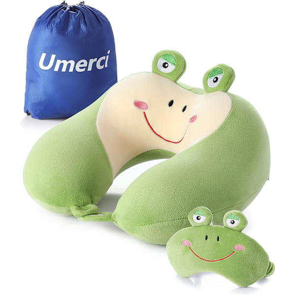 Muistivaahtoinen eläinmatkatyyny, mukava niskatyyny söpöllä silmänaamiolla, kevyt matkatyyny lentokoneeseen, autoon, junaan, bussiin ja kotikäyttöön Frog