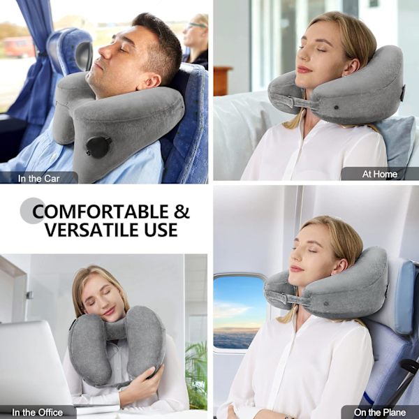 Nackkudde för resor Uppblåsbar flygplansdyna Stöder bekvämt huvud, nacke och haka, Uppblåsbar resedyna med mjukt velouröverdrag och Porta Comfort Grey Standard