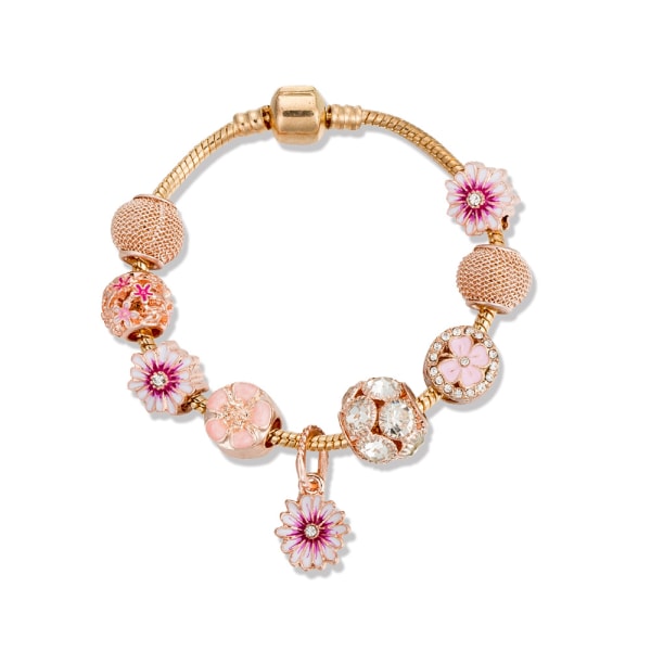 Dam Charm Armband, Rosa Blomhänge Orm Ben Kedja