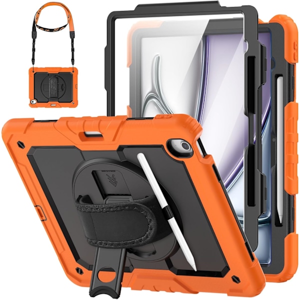 Skal för iPad Air 11 tum (M2 2024), Stötsäker Design med Pennhållare/Skärmskydd/Roterande Handrem, Skyddande Fodral för Orange New iPad Pro 11 2024