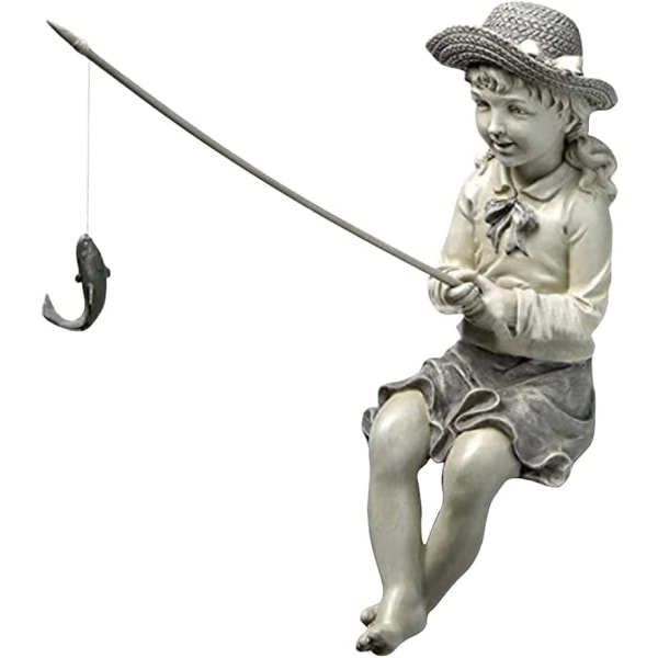 3D pojke flicka fiske trädgård skulptur statyett för uteplats