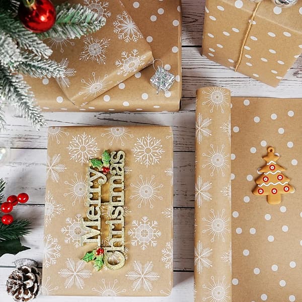 Vändbar Brun Kraft Julklappspapper Rulle 17\"x33Ft Snöflinga Prickig brown