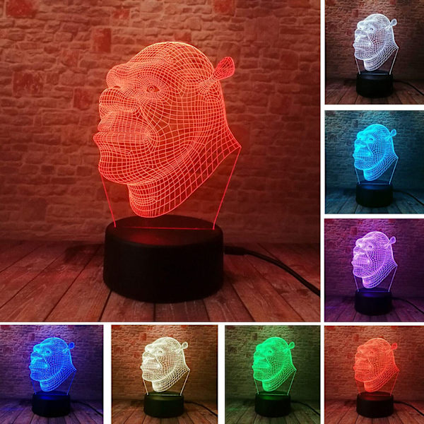 Nattlys Shrek 3d LED Akryl Lampe Hjemmedekor Knappbryter 7 Farger med Fjernkontroll