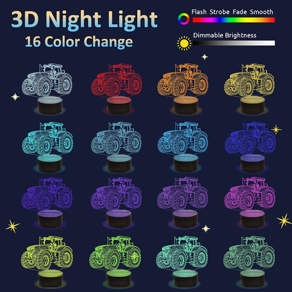 Traktori 3D Illusion Night Lamp, Attivolife 16 Värinvaihto