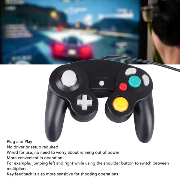 Kablet spillkontroller Plug and Play Single Point Vibration Gamepad Joystick for GC for Wii Black
