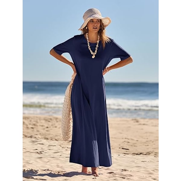 Dame 2025 Vår Sommer Casual Maxikjole Strandferie Kortermet Rund Hals Basic Lang T-skjorte Kjoler XL