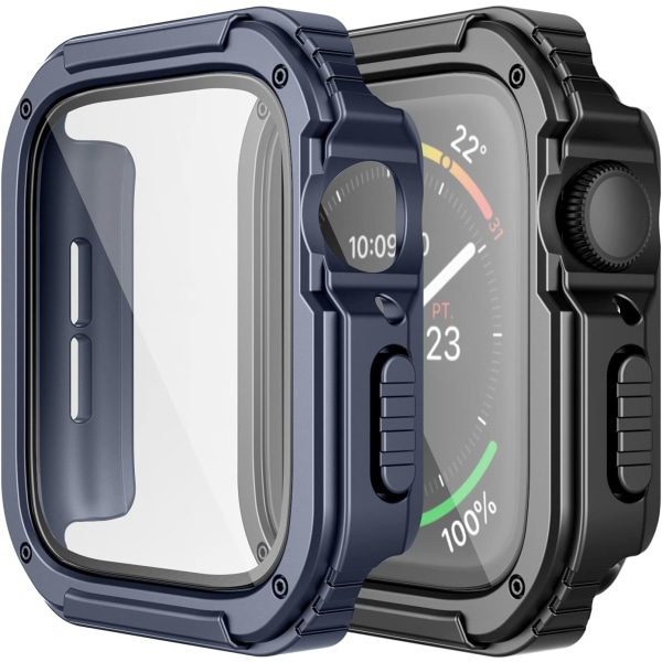 2 Pack Rugged Case Compatible for Apple Watch 44mm Series SE/6/5/4 with Tempered Glass Screen Protector, Military All Around Hard TPU Protective Cove