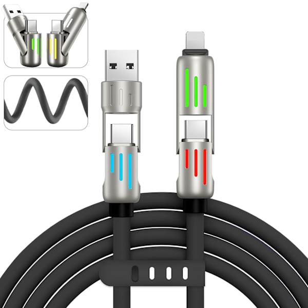 240W 4-i-1 USB-C-kabel, Multiladerkabel med pustelys, PD 5A Multi Rask lading & Datasynkronisering Silikon Kompatibel for iPhone Samsung Laptop Black 1m