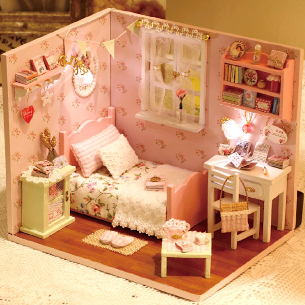 Diy dukkehuse miniature dukkehus trælegetøj til børns fødselsdagsgave Pink