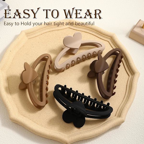 4PCS Hjerte Hårklemmer til Kvinder Piger, 5 Tommer Ekstra Store Hårklemmer Klo Hårklemmer til Tykt Tyndt Hår, Matte Store Klo Hårklemmer Heart