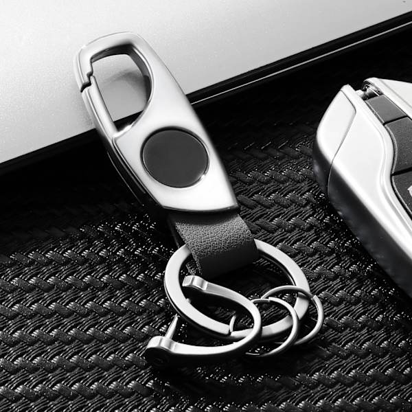 Karabinhage nøglering, nøgleringe til bilnøgle med 2 nøgleringe og anti-tabt D-ring, multifunktionelle nøgleringe til mænd og kvinder-sølv (gråt læder) Silver Grey Leather