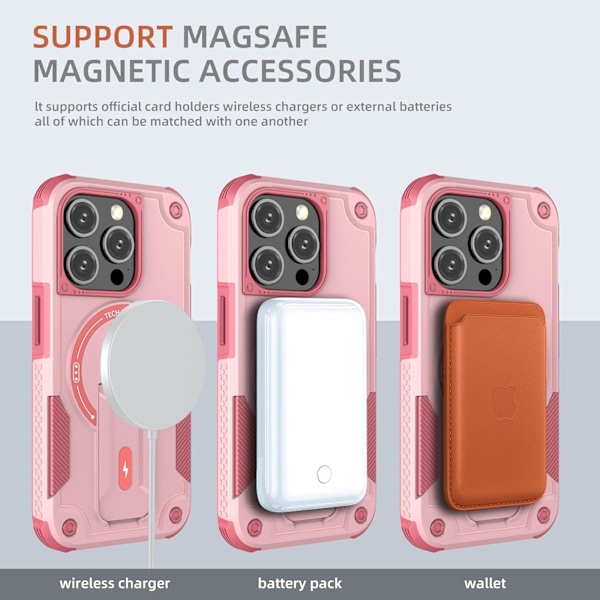 Magnetisk iPhone-etui med stativ, kompatibel med MagSafe, robust innebygd støtte, militærgradert fallbeskyttelse støtsikker for iPhone Pink iPhone 15 Pro